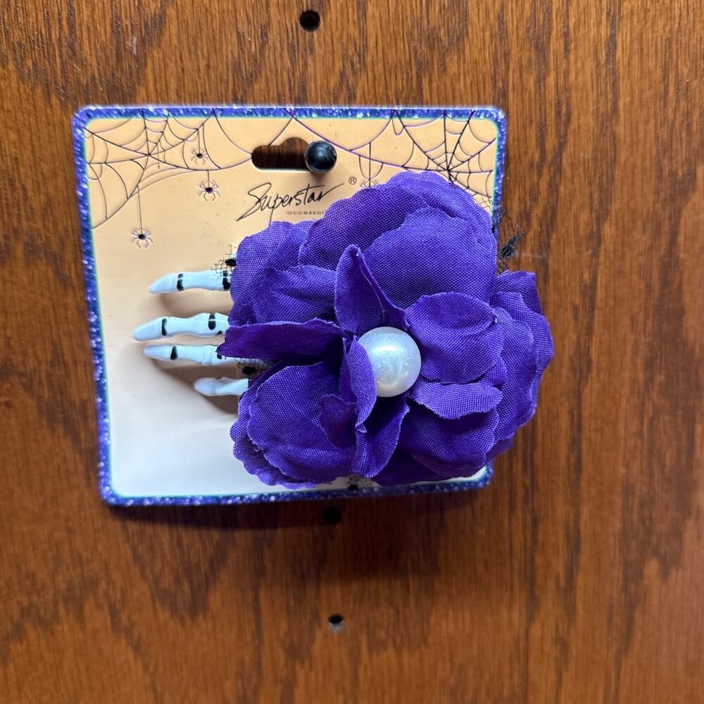 Halloween Skeleton Hand with Purple Rose Hair